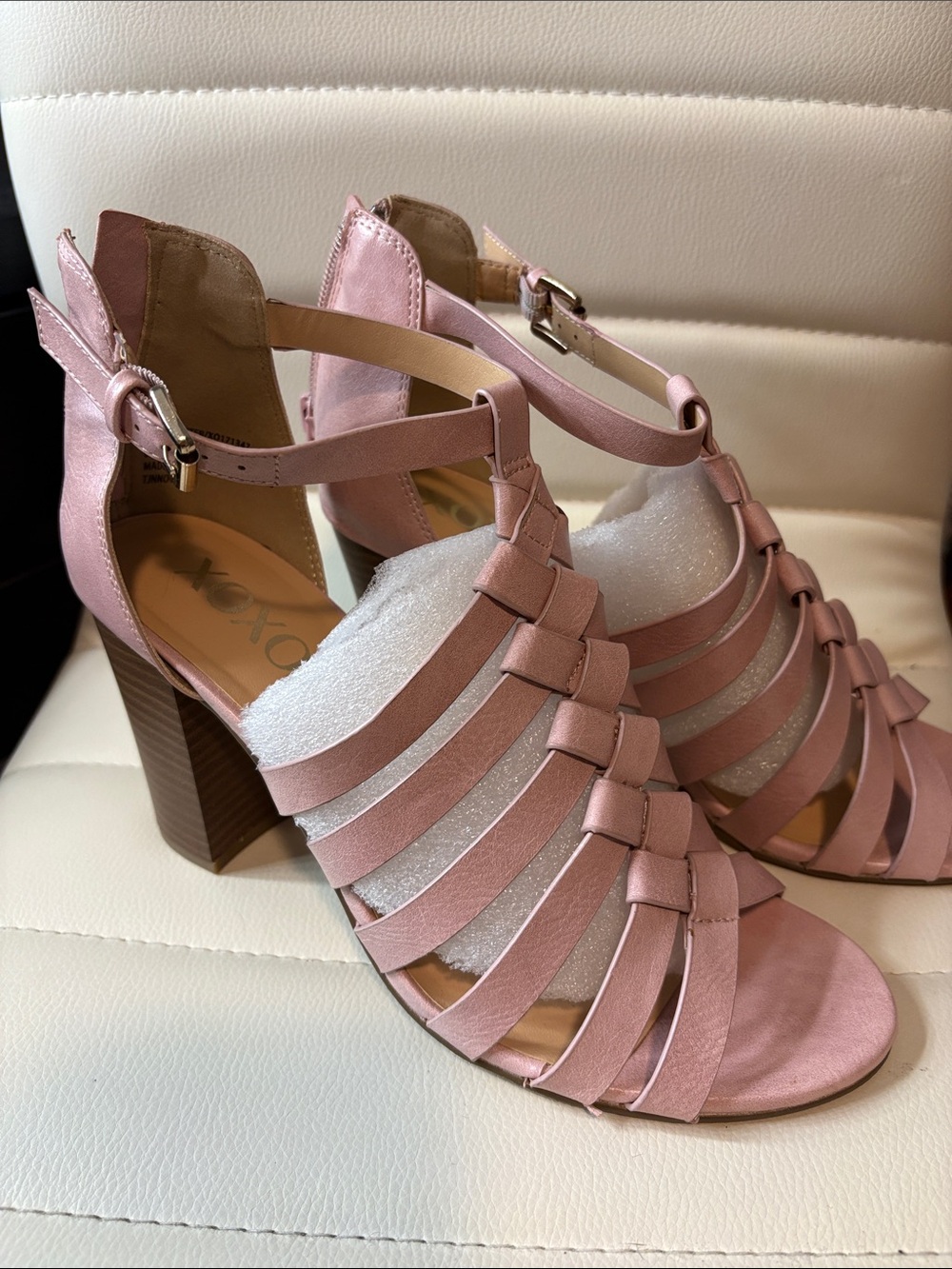 XOXO Blush Pink Strappy Block Heel Sandals